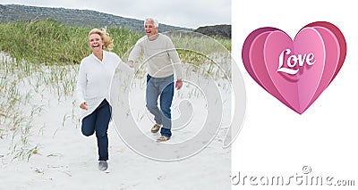 Composite image of cheerful senior couple running at beach Stock Photo