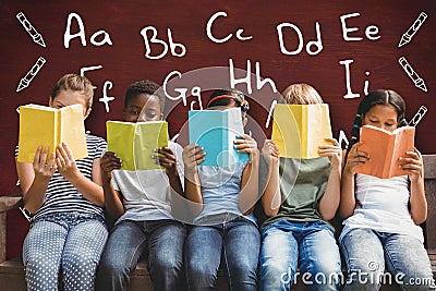 Composite image of children reading books at park Stock Photo