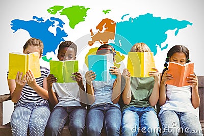 Composite image of children reading books at park Stock Photo