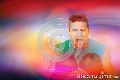 Composite image of close-up portrait of a determined male boxer screaming Stock Photo