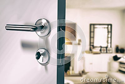 Composite image of closeup of wooden door with metallic doorknob Stock Photo