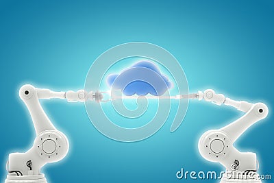 Composite image of computer generated image of robotic hands holding blue cloud Stock Photo