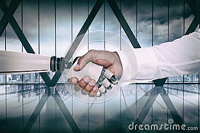 Composite image of computer graphic image of businessman and robot shaking hands Stock Photo