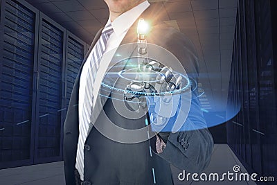 Composite image of computer graphic image of businessman with robotic hand in full suit 3d Stock Photo
