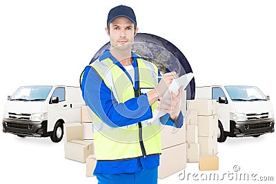 Composite image of confident supervisor writing notes on clipboard Stock Photo