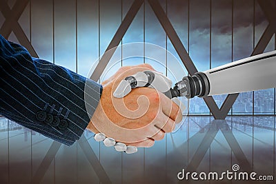 Composite image of cropped hand of businessman dealing with robot Stock Photo