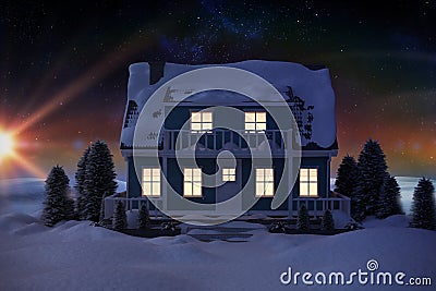 Composite image of 3D illuminated house covered in snow Stock Photo