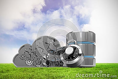 Composite image of database server icon with combination lock and metallic gears cloud Stock Photo