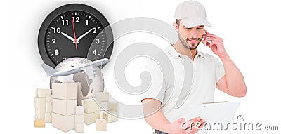 Composite image of delivery man talking on mobile phone Stock Photo