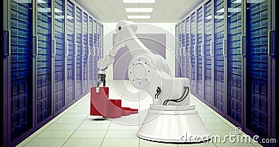 Composite image of digital generated image of robot arranging red toy blocks into bar ghaph 3d Stock Photo