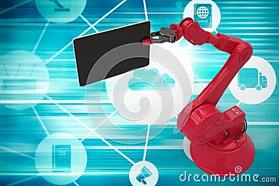 Composite image of digital generated image of robot holding computer tablet 3d Stock Photo