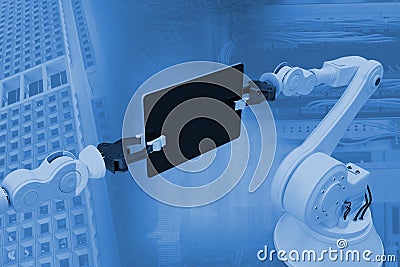 Composite image of digital generated image of robots holding computer tablet 3d Stock Photo