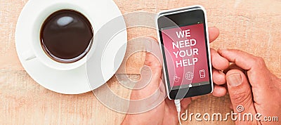 Composite image of digitally composite image of we need your help text with various icons Stock Photo