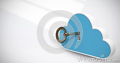 Composite image of digitally generated image of blue locker in cloud shape with key 3d Stock Photo