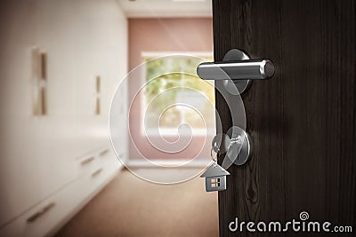 Composite image of digitally generated image of brown door with house key Stock Photo