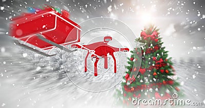 Composite image of drone pulling chirstmas sledge Stock Photo