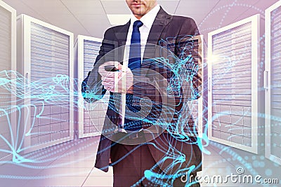 Composite image of focused businessman texting on his mobile phone Stock Photo