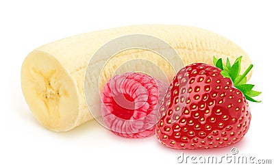 Composite image with garden berries and cutted banana isolated on a white background. Stock Photo