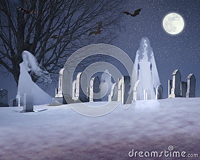 Composite image of ghosts and bats under a full moon in a snowy cemetery, VT Stock Photo