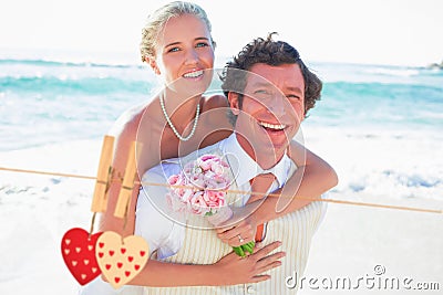 Composite image of handsome groom giving his new wife a piggy back Stock Photo