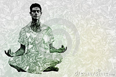 Composite image of handsome man in white meditating in lotus pose Stock Photo