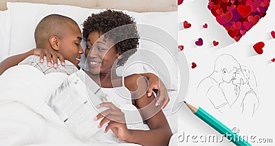 Composite image of happy couple lying in bed cuddling Stock Photo