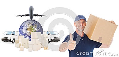 Composite image of happy delivery man holding cardboard box showing thumbs up Stock Photo