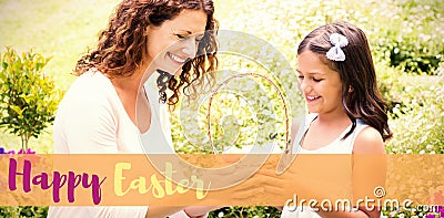 Composite image of happy mother and daughter collecting easter eggs Stock Photo