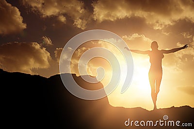 Composite image of happy sportswoman is raising arms Stock Photo