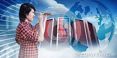 Composite image of hipster looking through a telescope Stock Photo