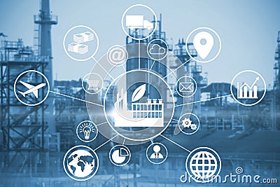 Composite image of composite image of industry amidst various icons Stock Photo