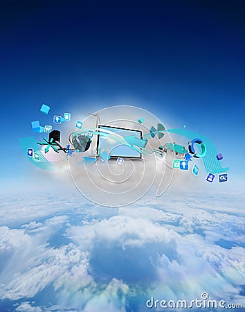 Composite image of laptop on floating cloud with apps Stock Photo