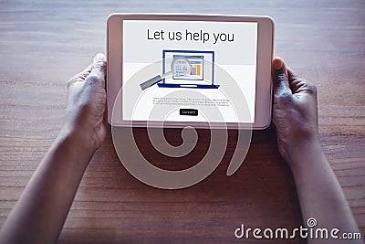 Composite image of let us help you text with computer icon Stock Photo