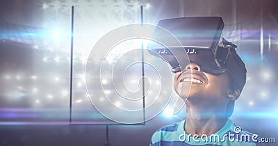 Composite image of little boy holding virtual glasses and looking away Stock Photo