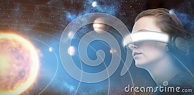 Composite image of low angle view of woman trying virtual reality 3d Stock Photo