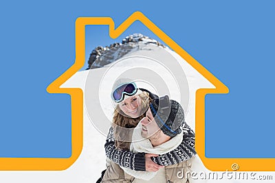 Composite image of man piggybacking cheerful woman against snowed hill Stock Photo