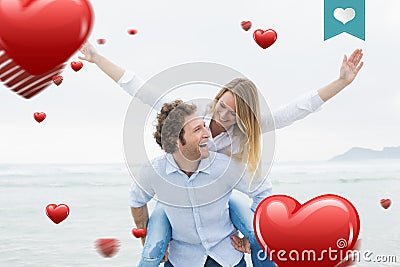 Composite image of man piggybacking woman at beach Stock Photo