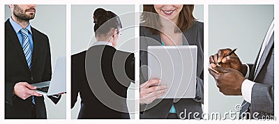 Composite image of midsection of businessman holding laptop Stock Photo