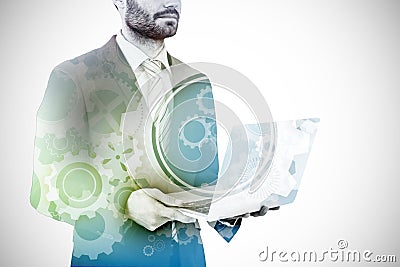 Composite image of midsection of businessman holding laptop 3d Stock Photo