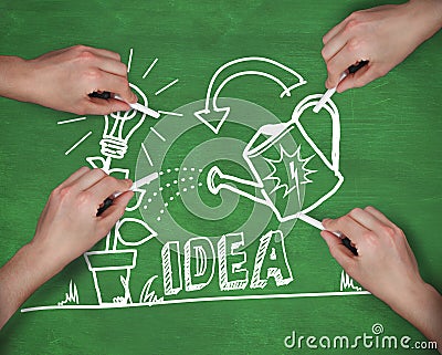 Composite image of multiple hands writing idea with chalk Stock Photo