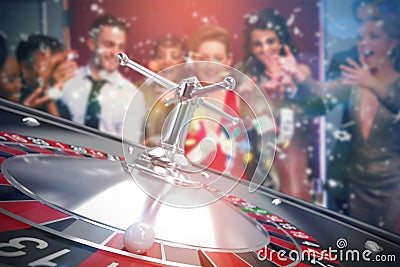 Composite image of people throwing chips and cash on 3d roulette table Stock Photo