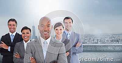 Composite image of portrait of businesspeople with arms crossed smiling against view of cityscape Stock Photo