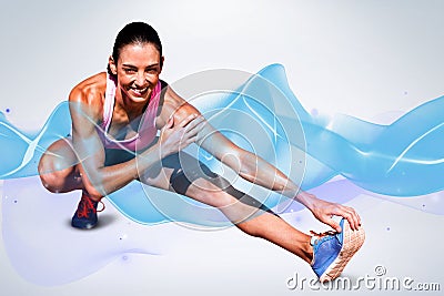 Composite image of portrait of happy sportswoman is stretching her muscle Stock Photo