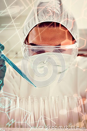 Composite image of portrait of a protected female science student dropping blue liquid in a test tub Stock Photo