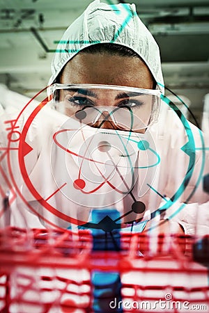 Composite image of portrait of a protected science student dropping liquid in a test tube Stock Photo