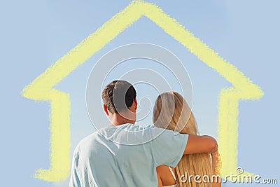 Composite image of rear view of cute couple admiring blue sky Stock Photo