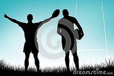 Composite image of rear view of rugby player running with ball Stock Photo