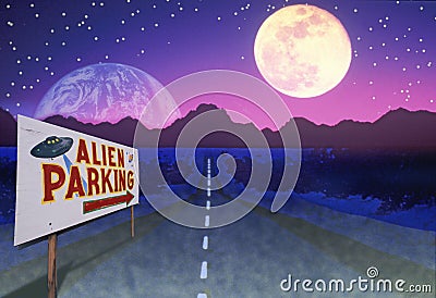 Composite image of a road sign reading Alien Parking and a road leading to distant mountains under an alien sky Stock Photo