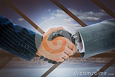Composite image of robot and businessman dealing Stock Photo