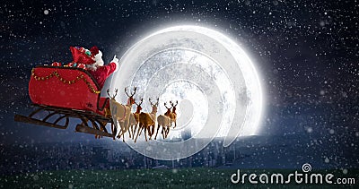 Composite image of santa claus riding on sleigh with gift box Stock Photo